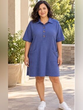 Zenana Blue Short-Sleeve Polo Waffle Knit Dress w/Front Pockets -Size Large-NWOT